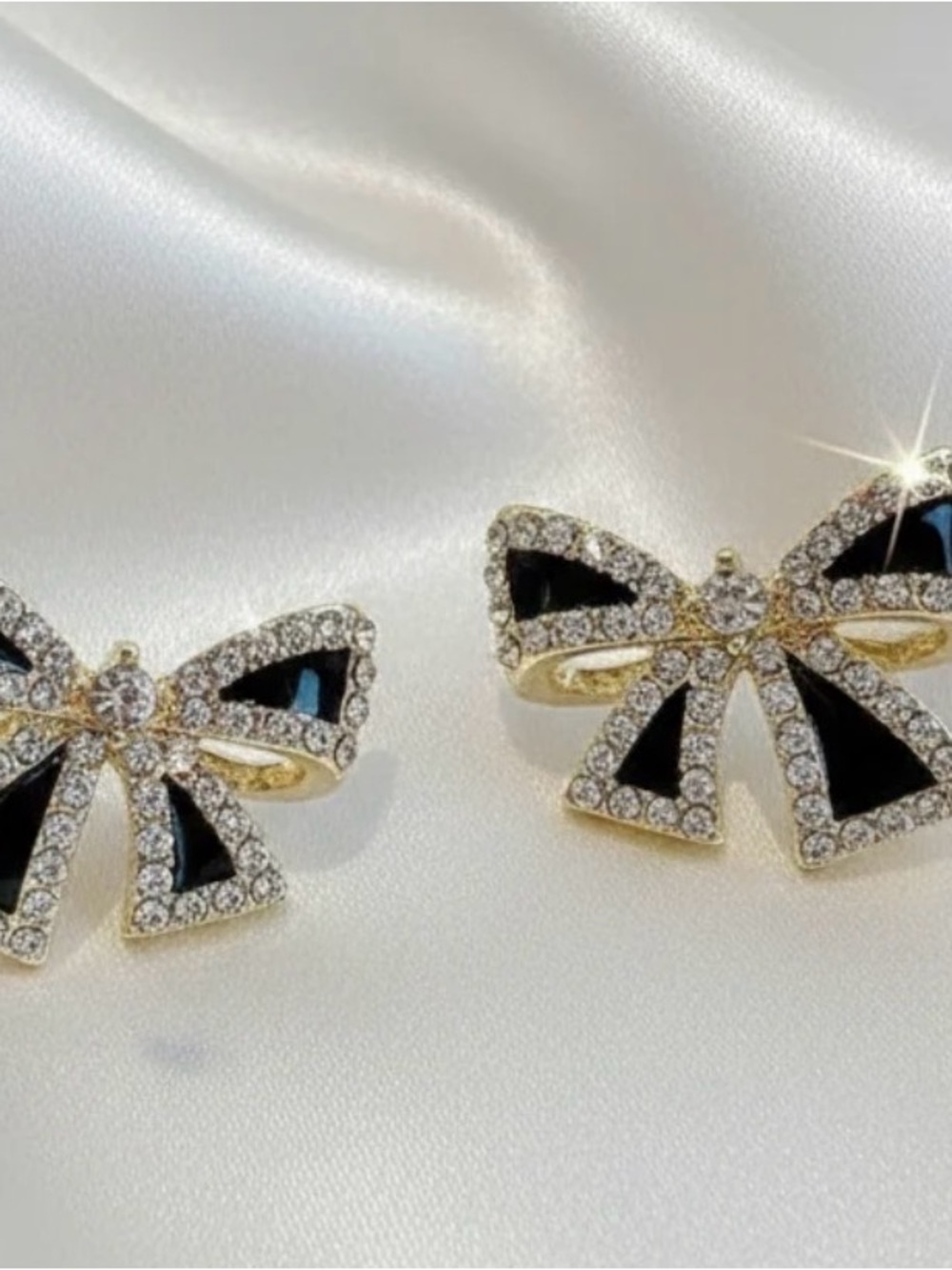 Elegant Black Bow Crystal Stud Earrings - Gold Tone